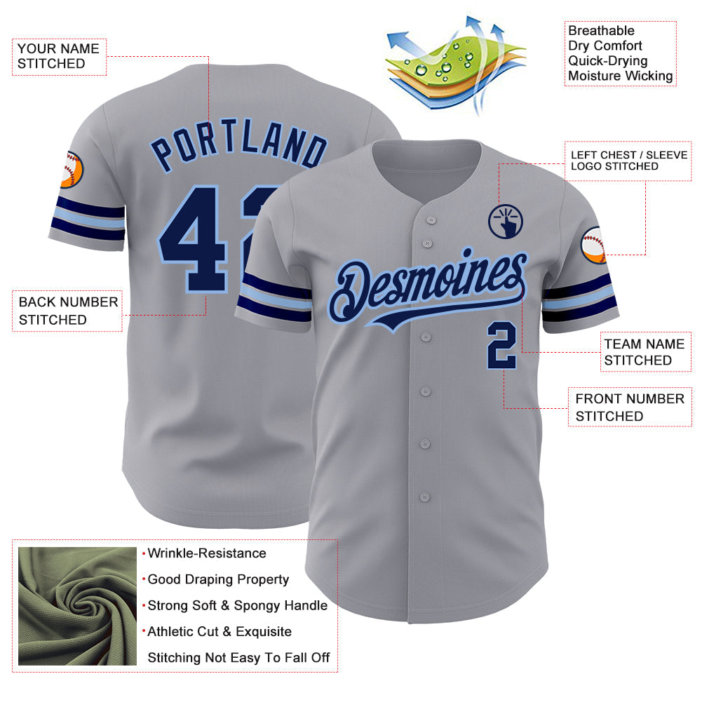 Custom Gray Navy-Light Blue Authentic Baseball Jersey view 3