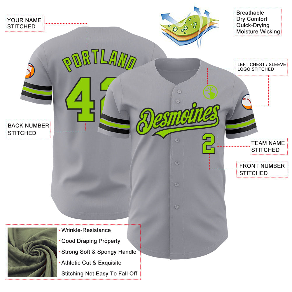 Custom Gray Neon Green-Black Authentic Baseball Jersey view 3