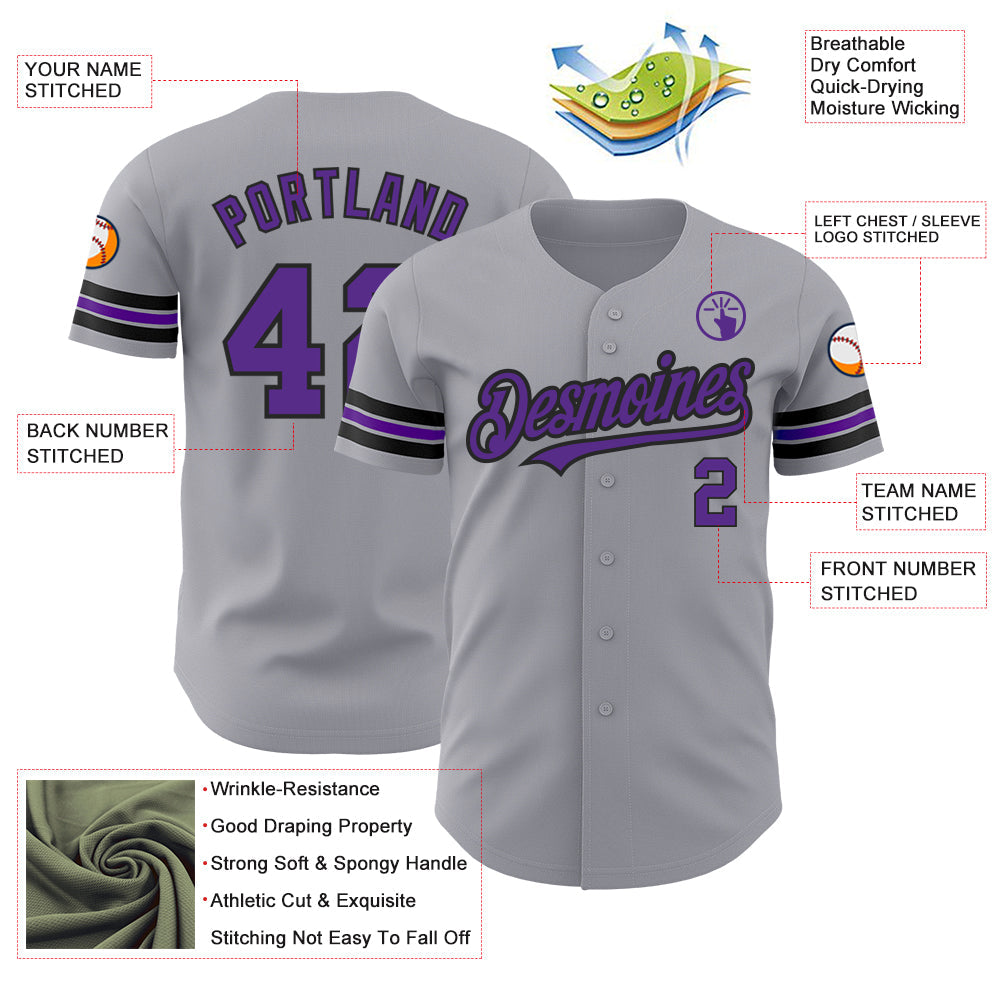 Custom Gray Purple-Black Authentic Baseball Jersey view 3