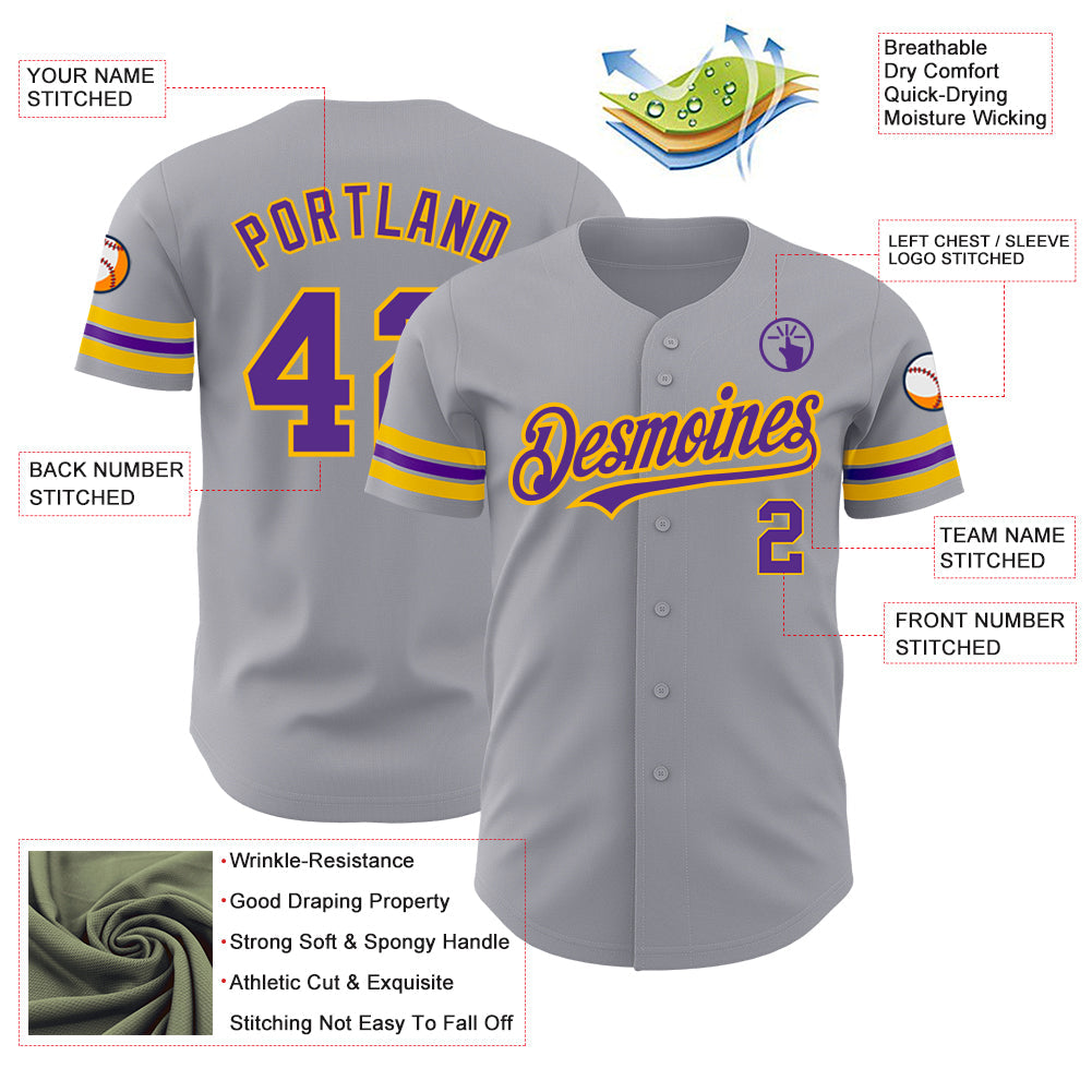 Custom Gray Purple-Gold Authentic Baseball Jersey view 3
