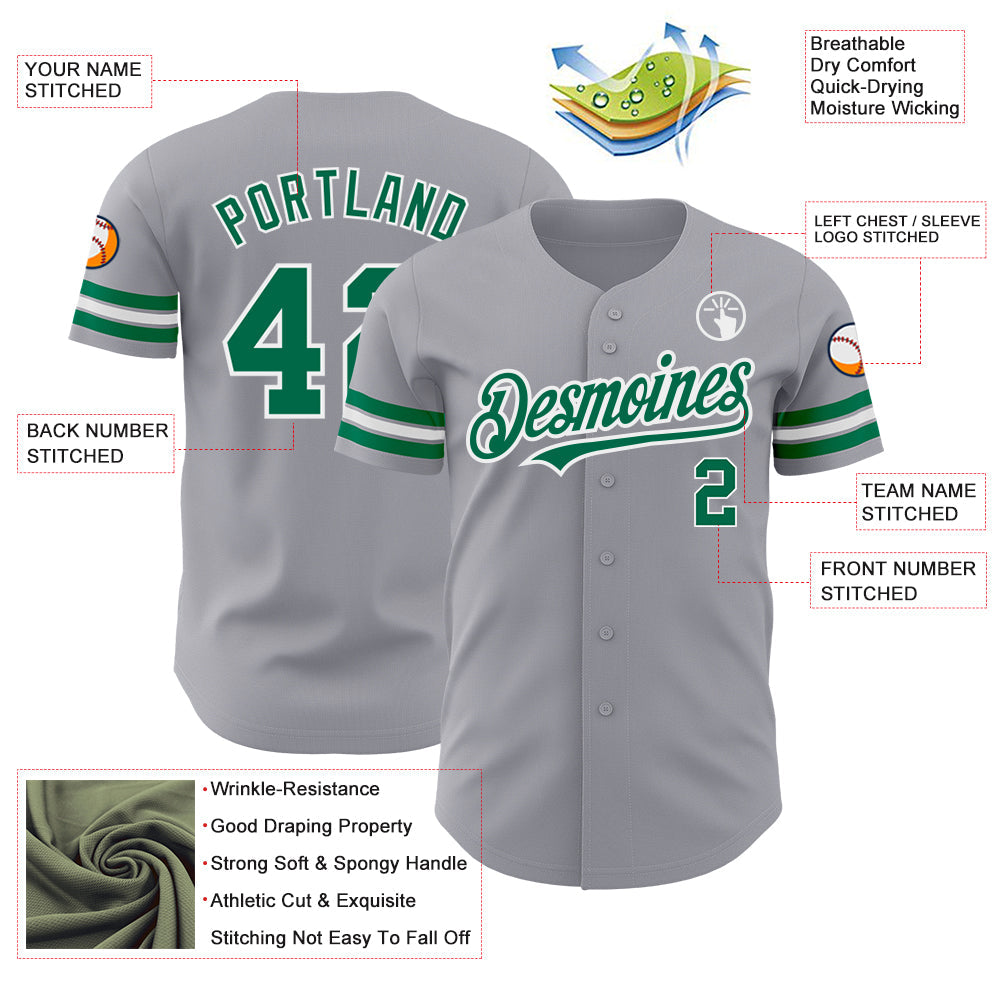 Custom Gray Kelly Green-White Authentic Baseball Jersey view 3