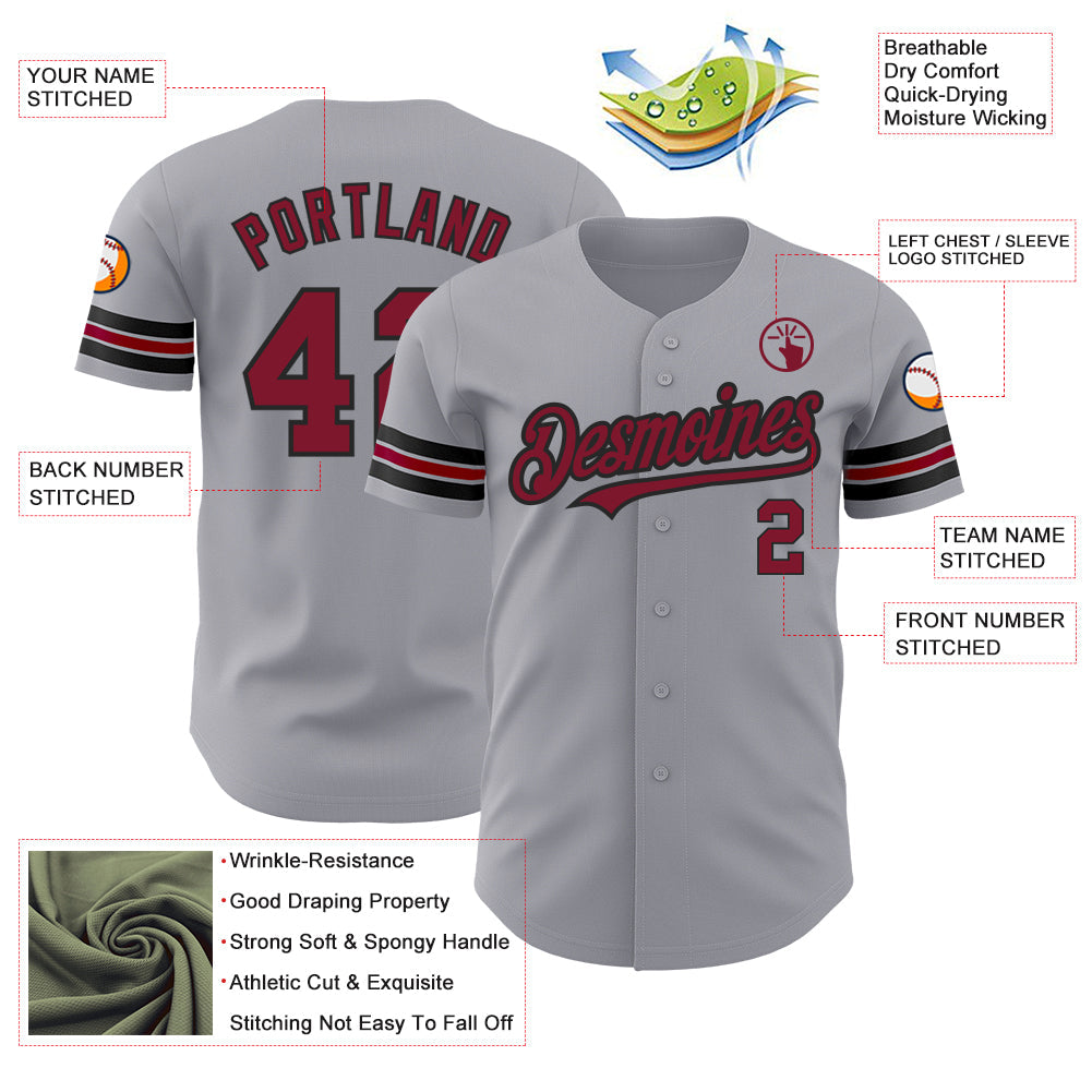 Custom Gray Crimson-Black Authentic Baseball Jersey view 3