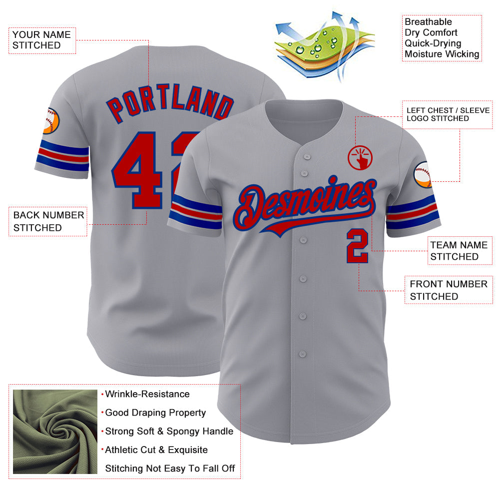Custom Gray Red-Royal Authentic Baseball Jersey view 3