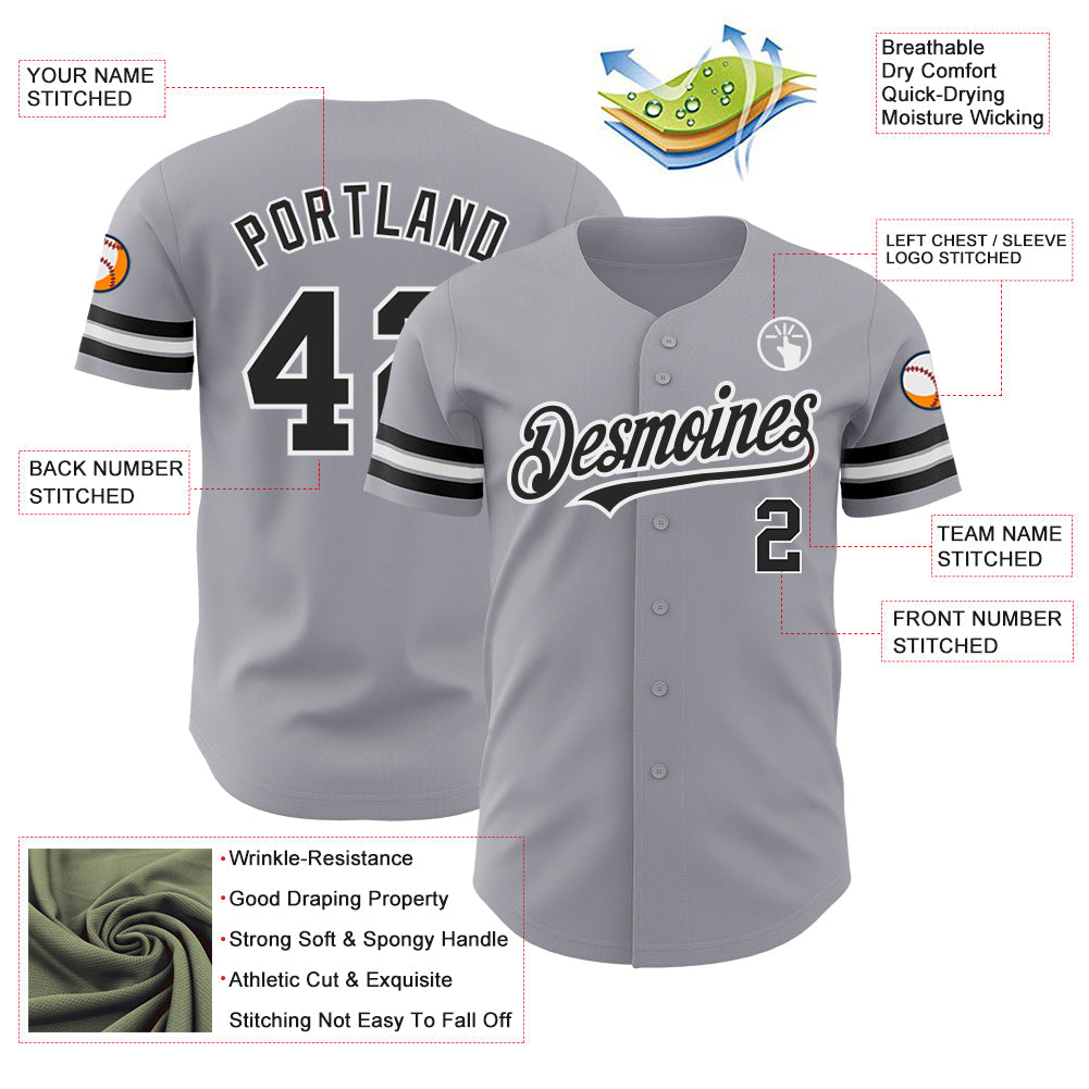 Custom Gray Black-White Authentic Baseball Jersey view 3