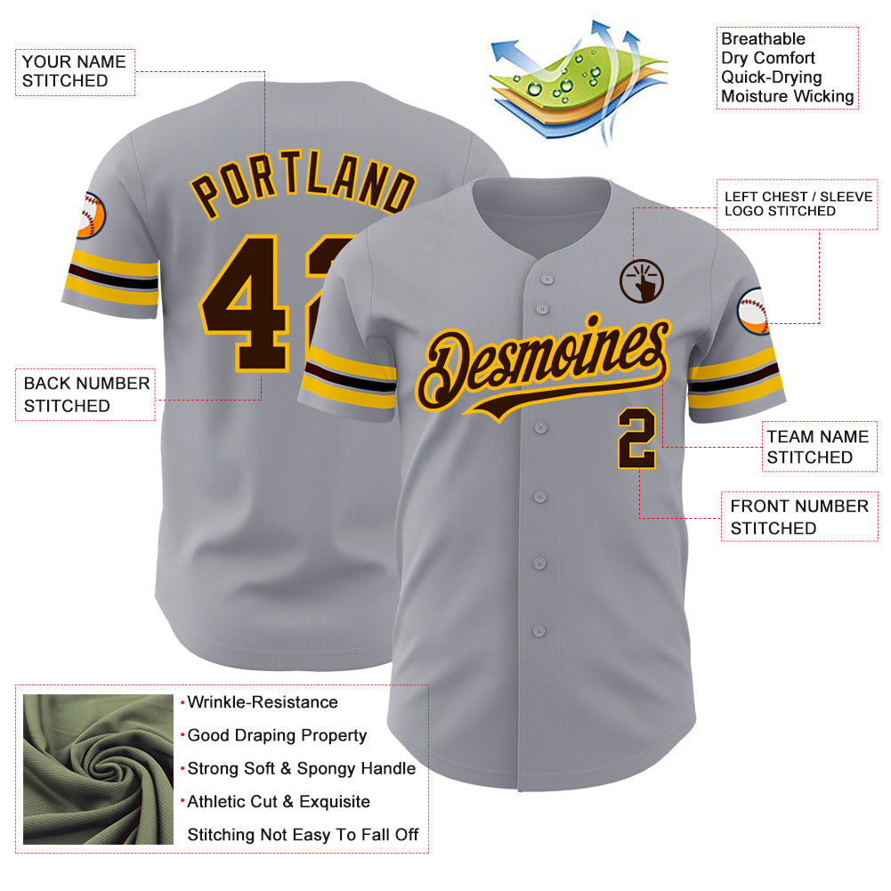 Custom Gray Brown-Gold Authentic Baseball Jersey view 3