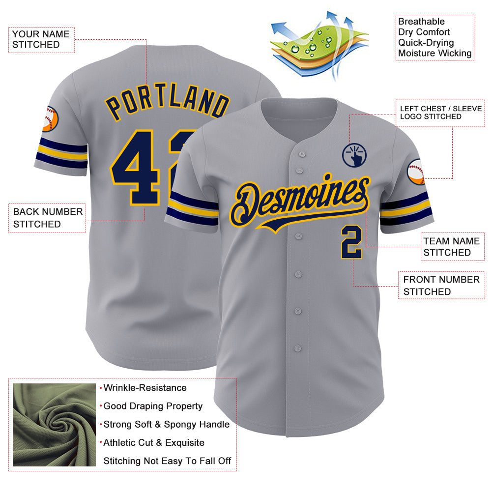 Custom Gray Navy-Gold Authentic Baseball Jersey view 3