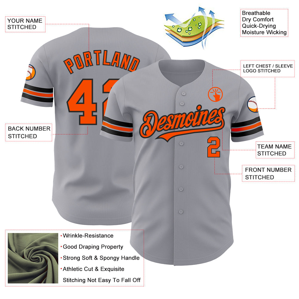Custom Gray Orange-Black Authentic Baseball Jersey view 3
