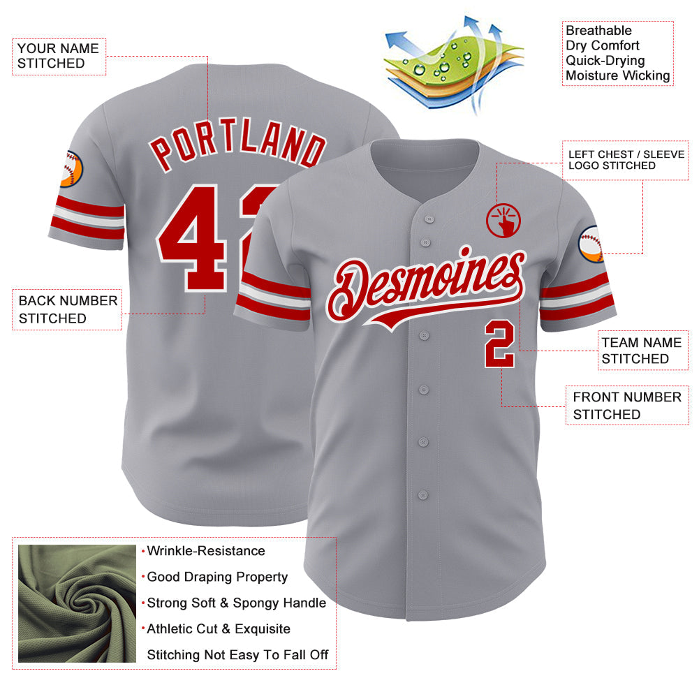 Custom Gray Red-White Authentic Baseball Jersey view 3