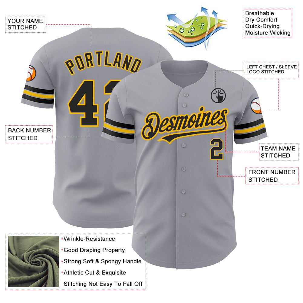 Custom Gray Black-Gold Authentic Baseball Jersey view 3