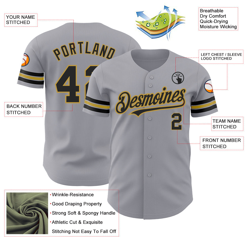 Custom Gray Black-Old Gold Authentic Baseball Jersey view 3