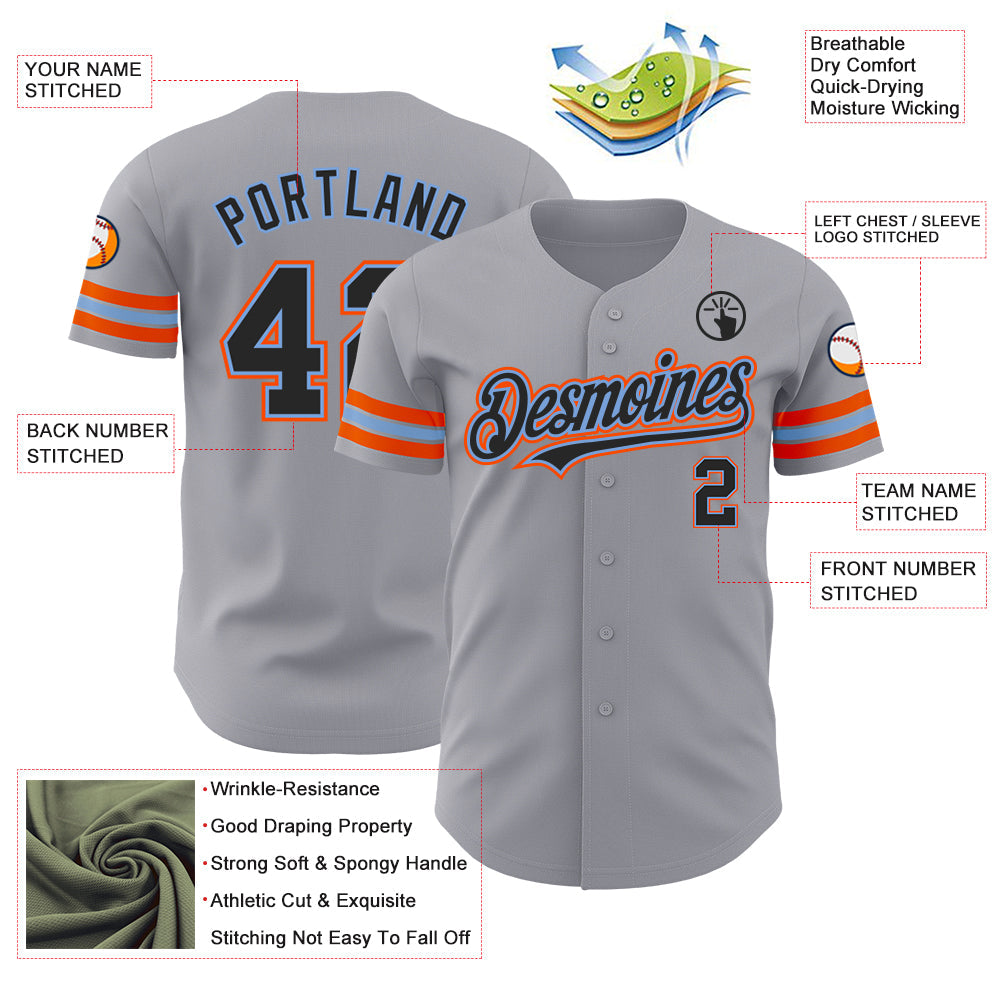 Custom Gray Black Powder Blue-Orange Authentic Baseball Jersey view 3