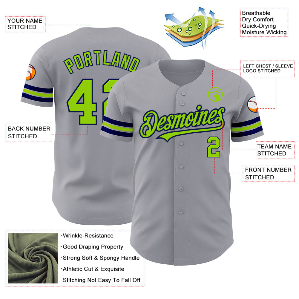 Custom Gray Neon Green-Navy Authentic Baseball Jersey view 3