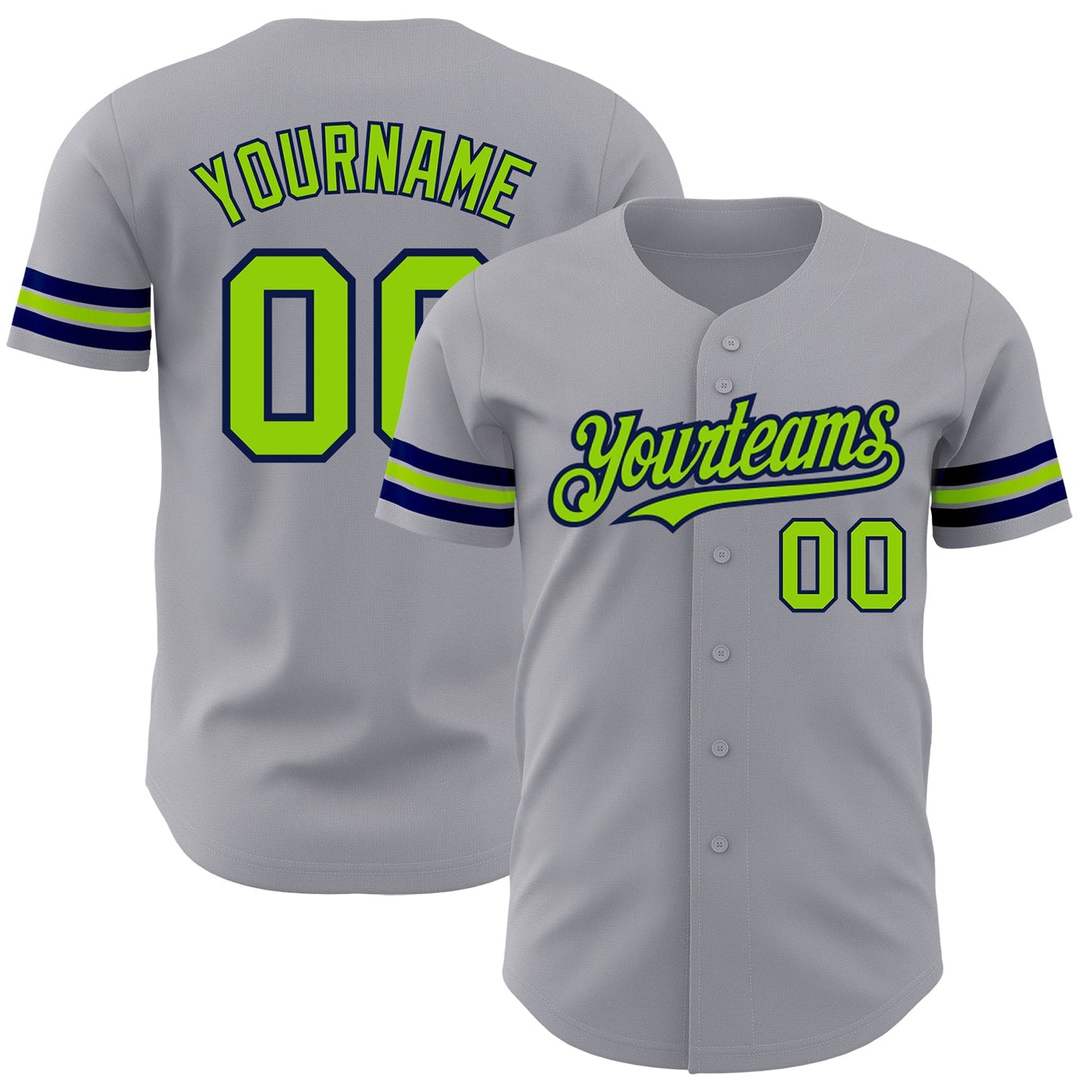 Custom Gray Neon Green-Navy Authentic Baseball Jersey - Main View