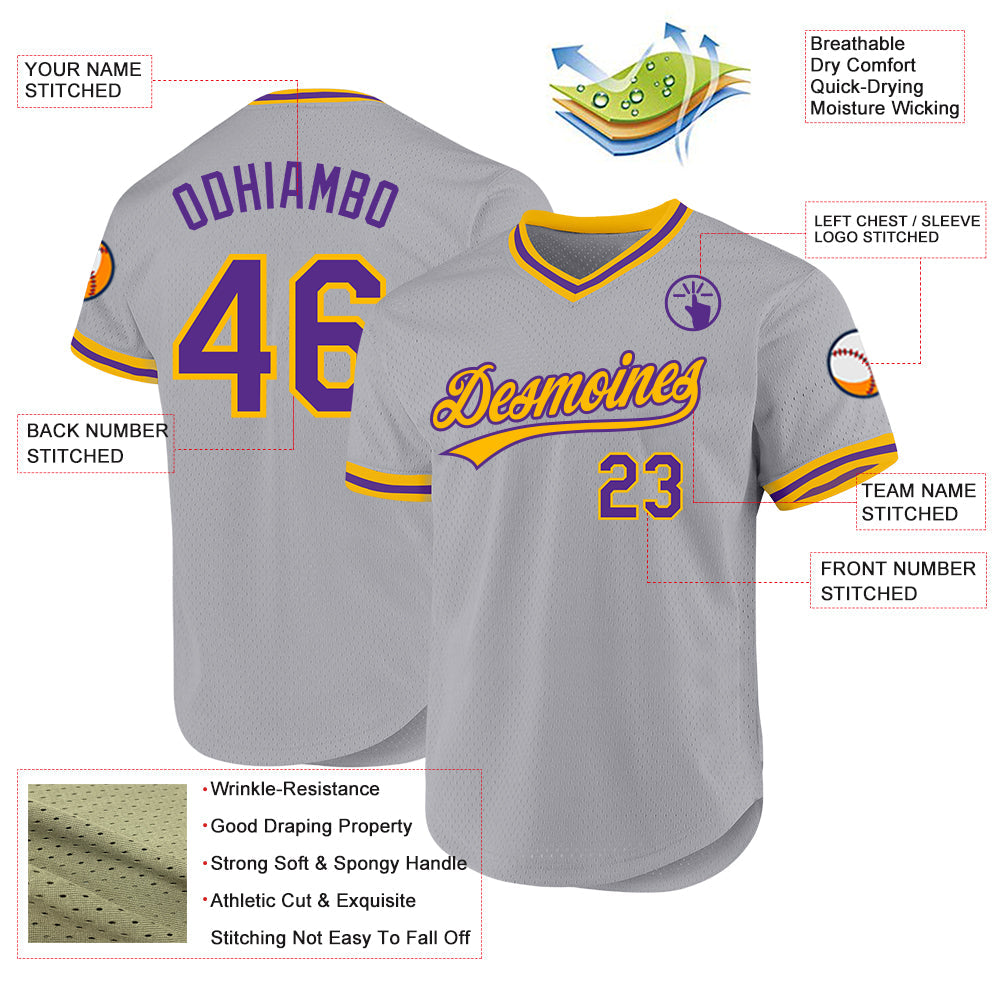 Custom Gray Purple-Gold Authentic Throwback Baseball Jersey view 3