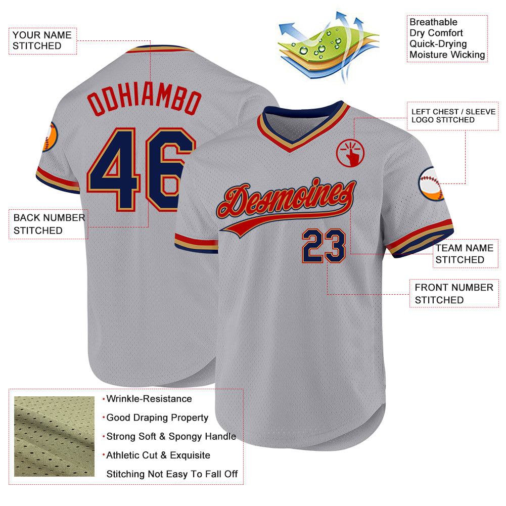 Custom Gray Navy Old Gold-Red Authentic Throwback Baseball Jersey view 3