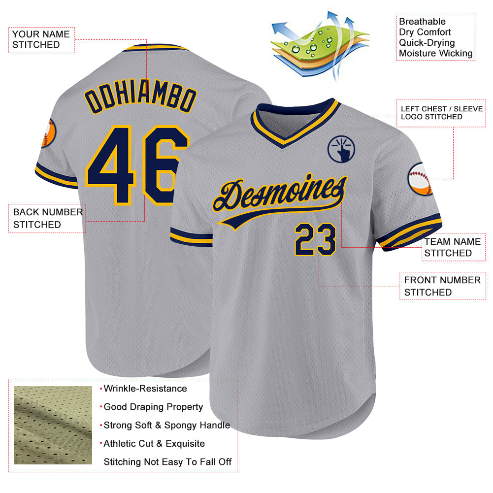 Custom Gray Navy-Gold Authentic Throwback Baseball Jersey view 3