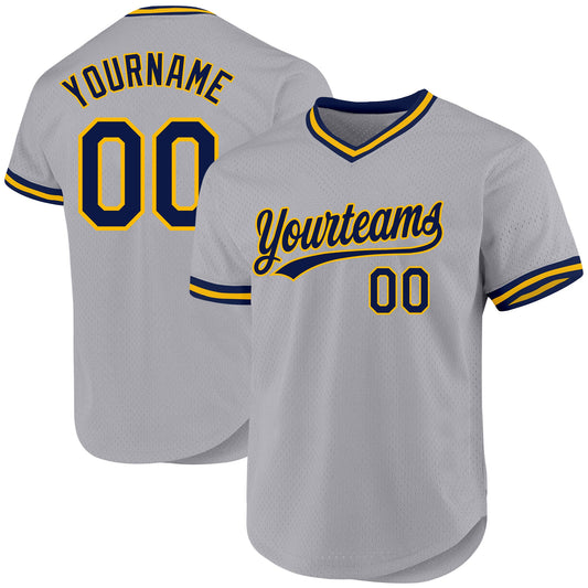 Custom Gray Navy-Gold Authentic Throwback Baseball Jersey - Main View