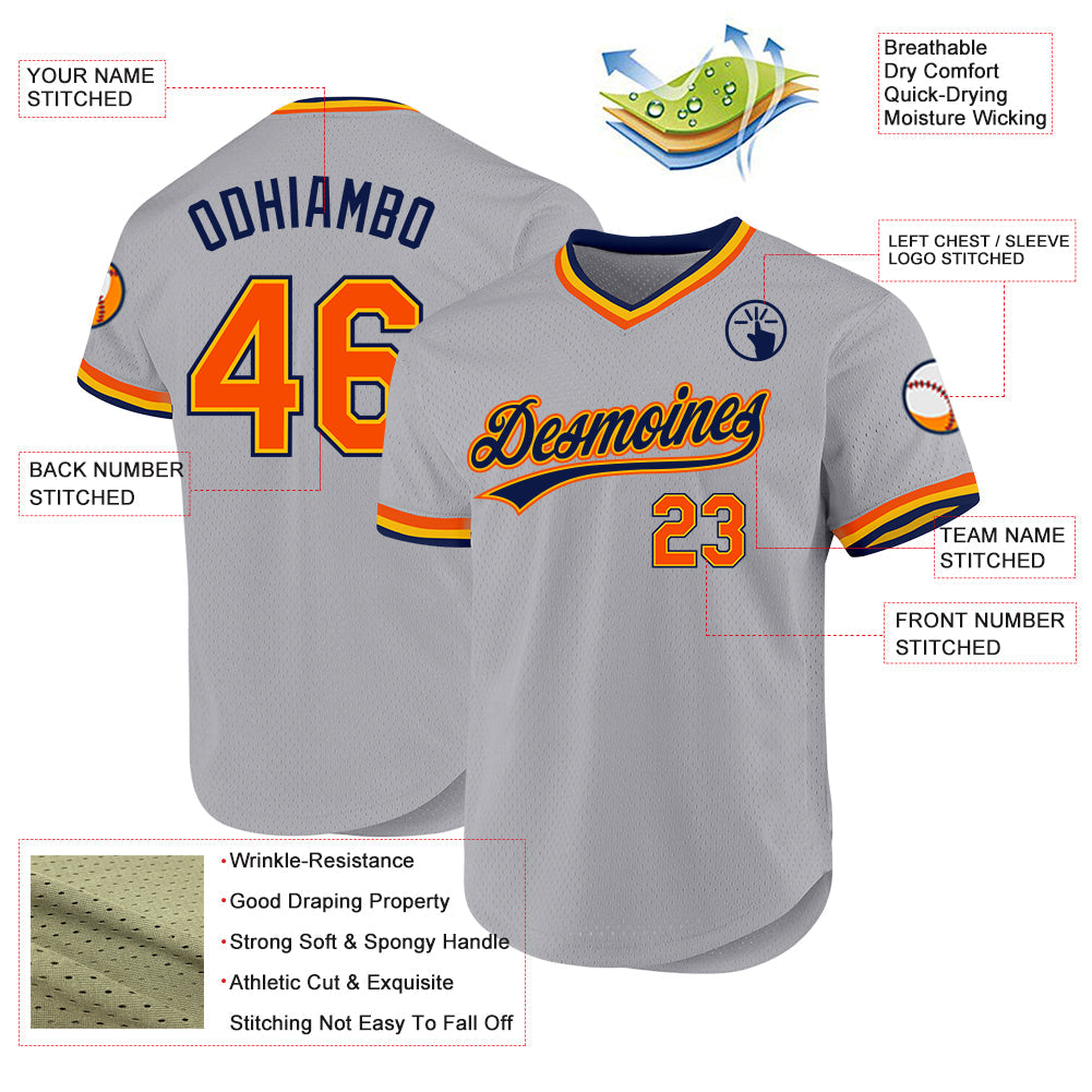 Custom Gray Orange Gold-Navy Authentic Throwback Baseball Jersey view 3
