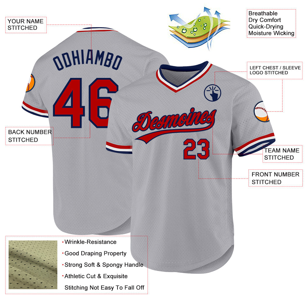 Custom Gray Red-Navy Authentic Throwback Baseball Jersey view 3