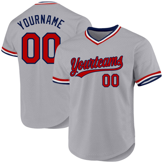 Custom Gray Red-Navy Authentic Throwback Baseball Jersey - Main View
