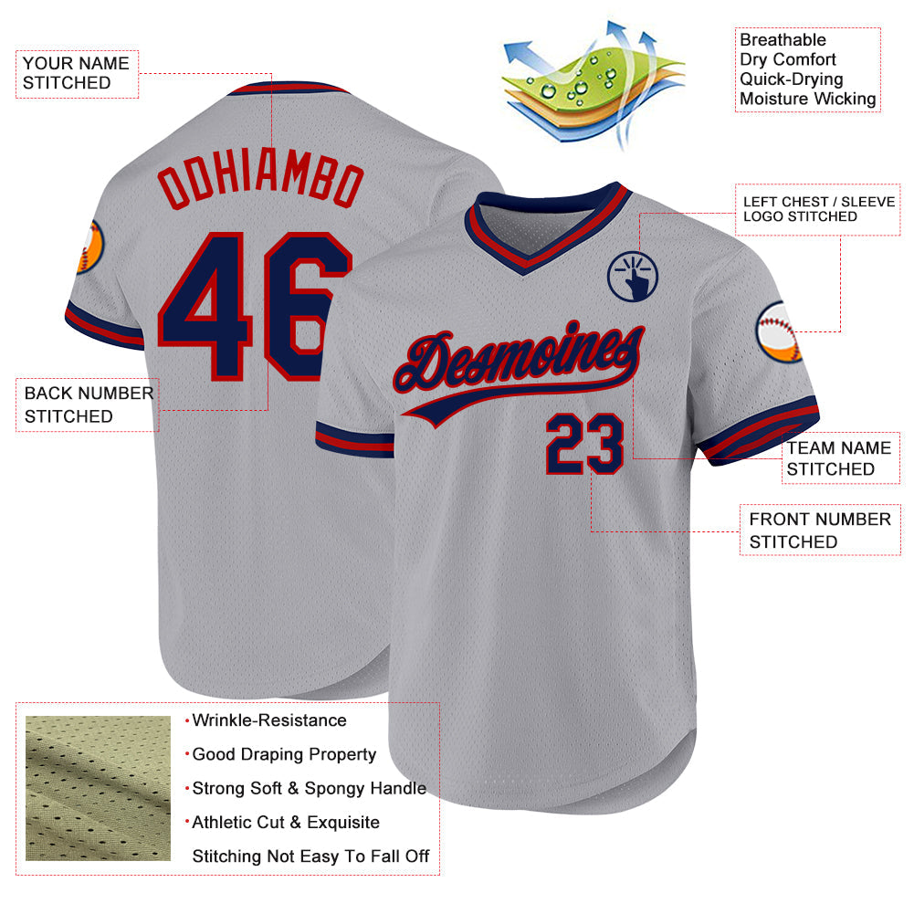 Custom Gray Navy-Red Authentic Throwback Baseball Jersey view 3