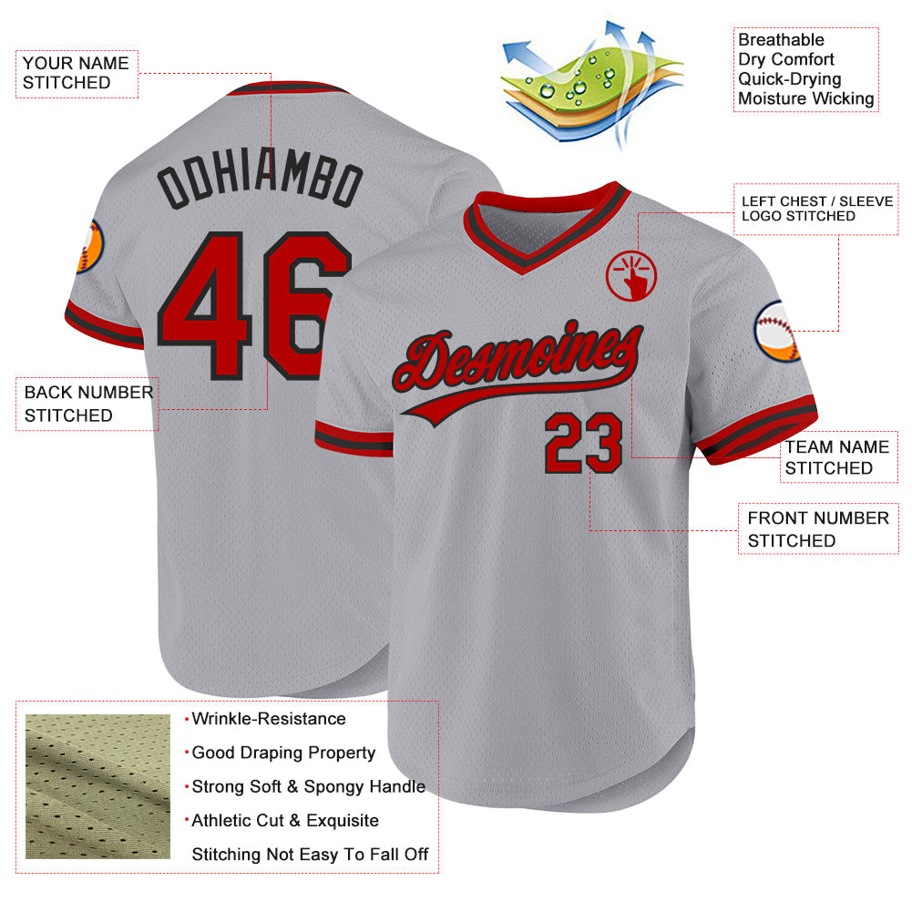 Custom Gray Red-Black Authentic Throwback Baseball Jersey view 3