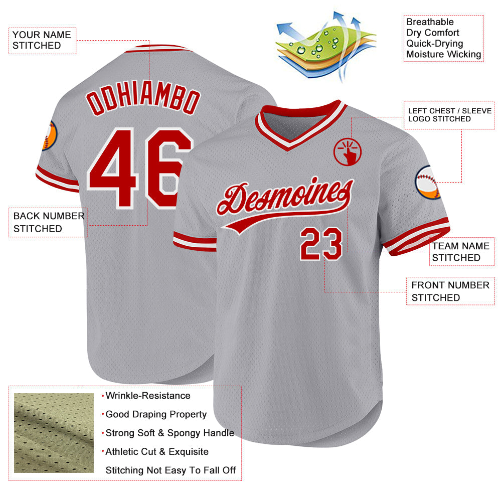 Custom Gray Red-White Authentic Throwback Baseball Jersey view 3