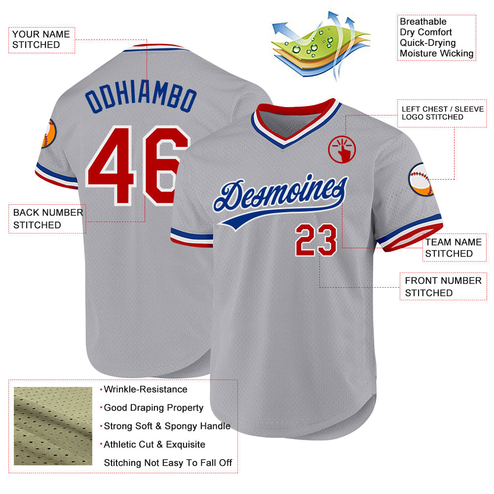 Custom Gray Red-Royal Authentic Throwback Baseball Jersey view 3