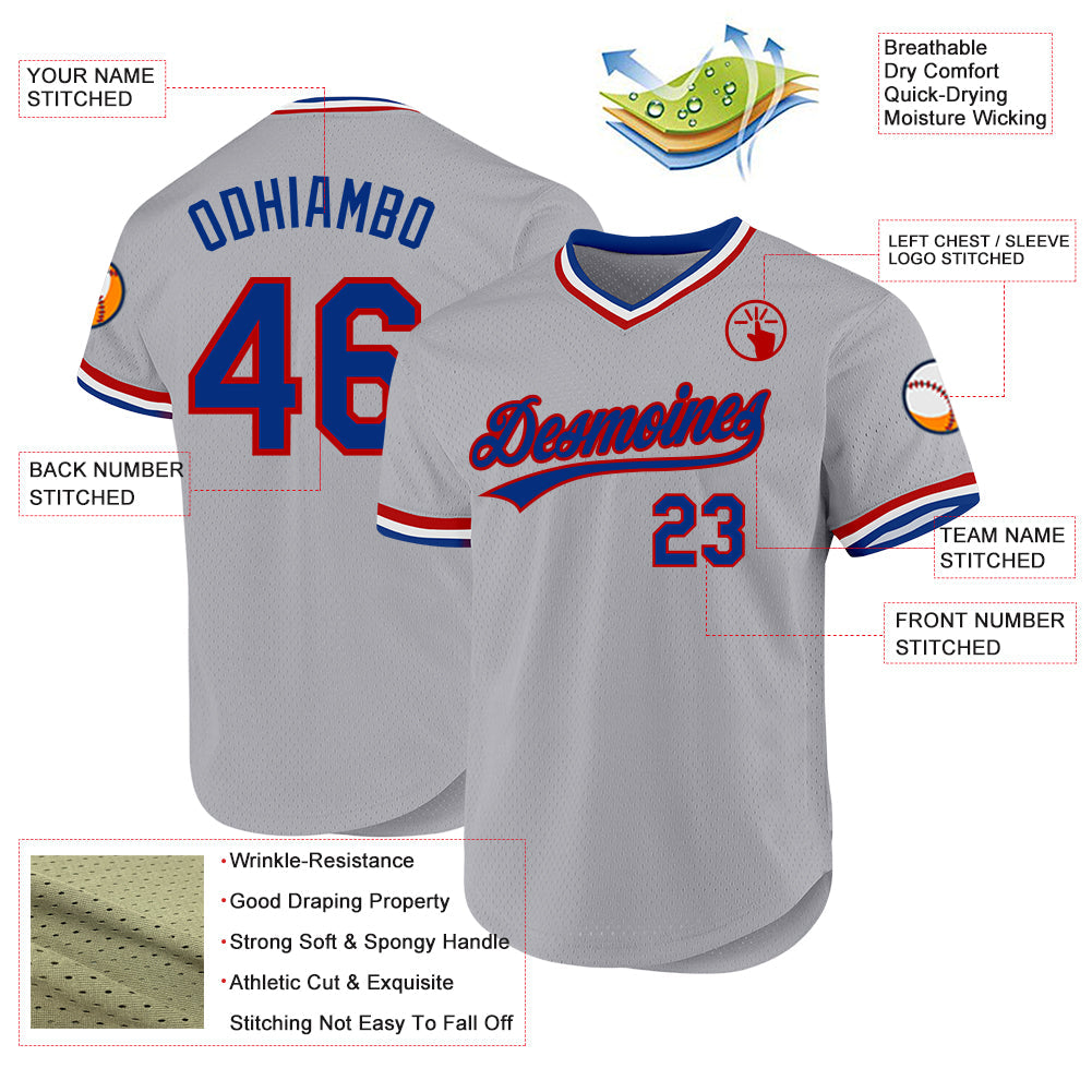 Custom Gray Royal-Red Authentic Throwback Baseball Jersey view 3