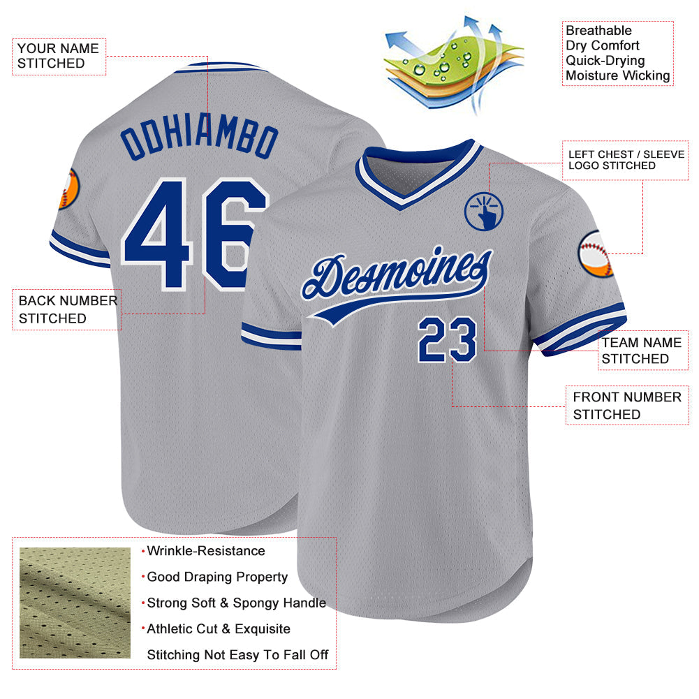 Custom Gray Royal-White Authentic Throwback Baseball Jersey view 3