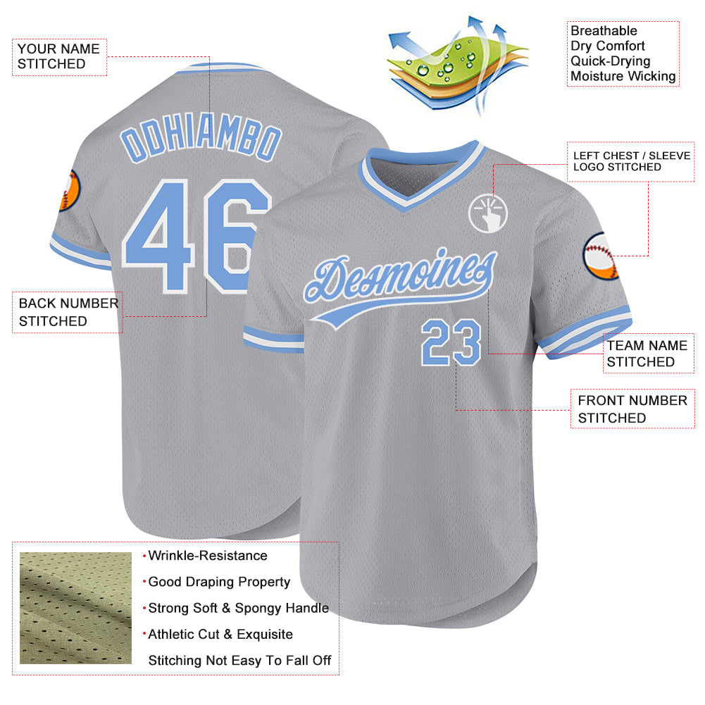 Custom Gray Light Blue-White Authentic Throwback Baseball Jersey view 3