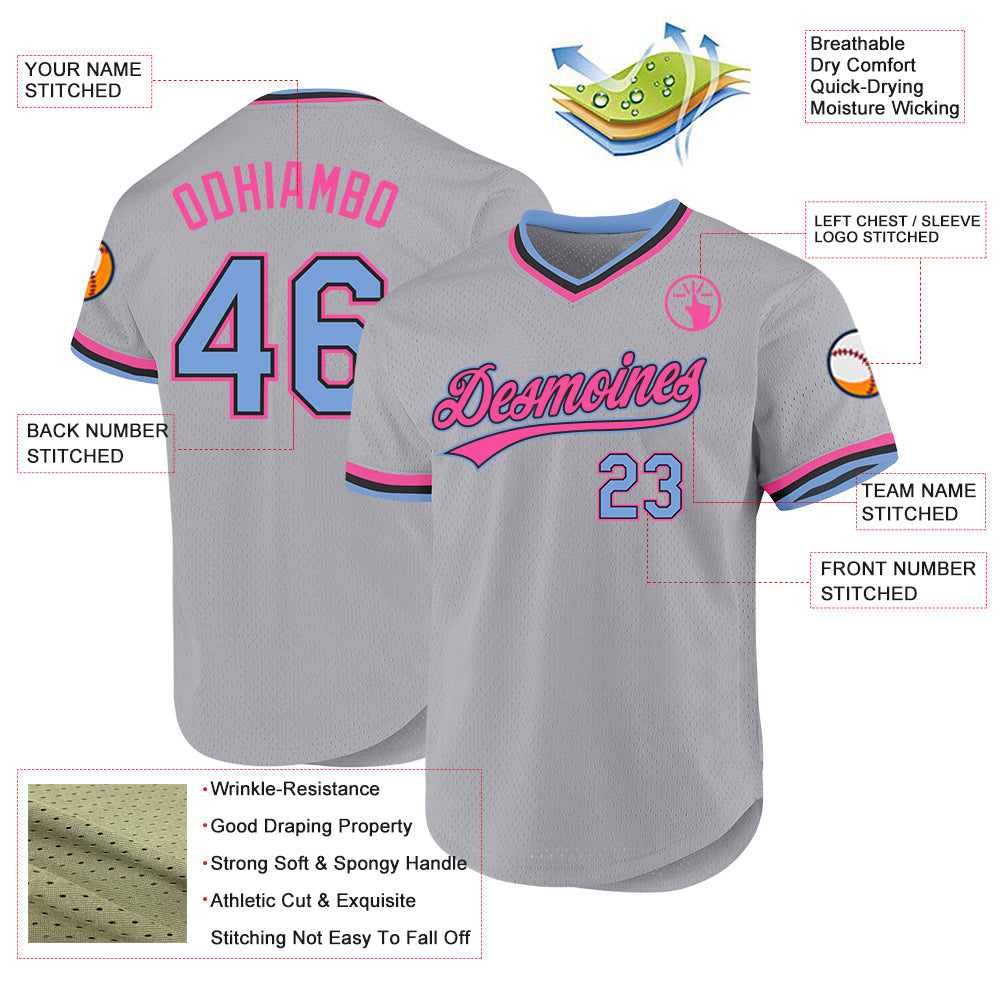 Custom Gray Light Blue Black-Pink Authentic Throwback Baseball Jersey view 3