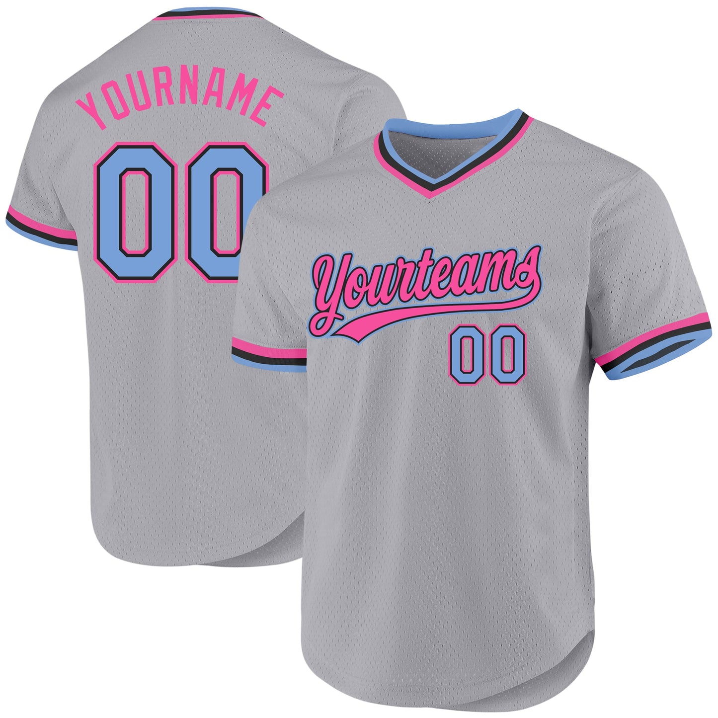 Custom Gray Light Blue Black-Pink Authentic Throwback Baseball Jersey - Main View
