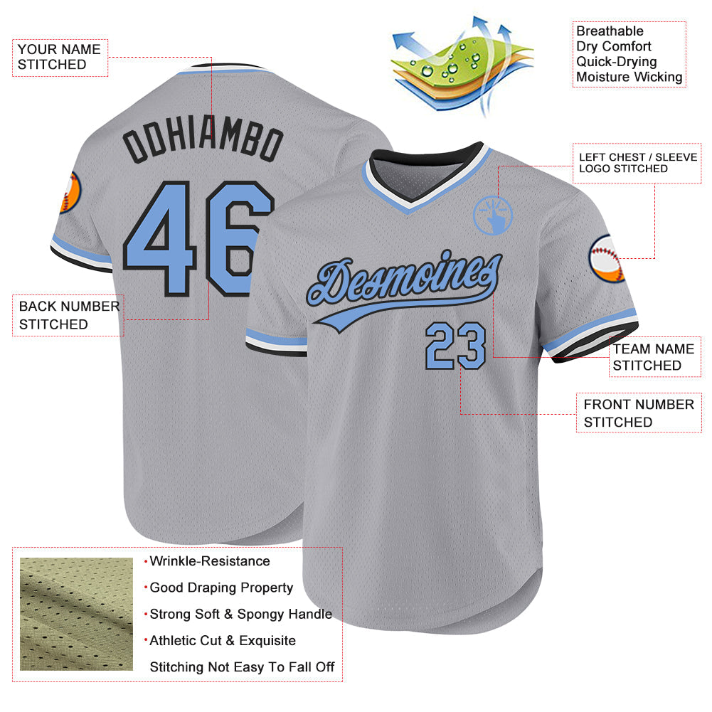 Custom Gray Light Blue-Black Authentic Throwback Baseball Jersey view 3