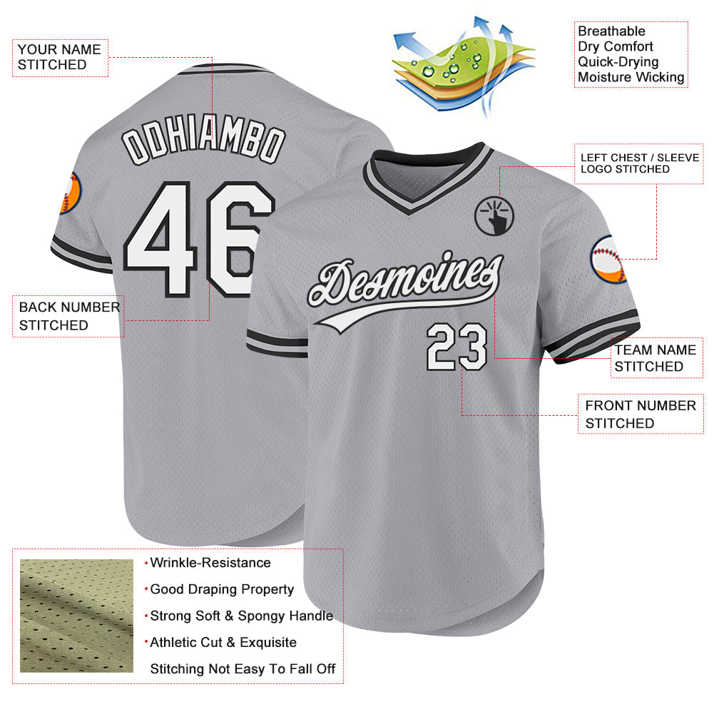 Custom Gray White-Black Authentic Throwback Baseball Jersey view 3