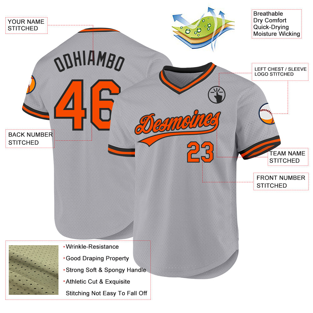 Custom Gray Orange-Black Authentic Throwback Baseball Jersey view 3