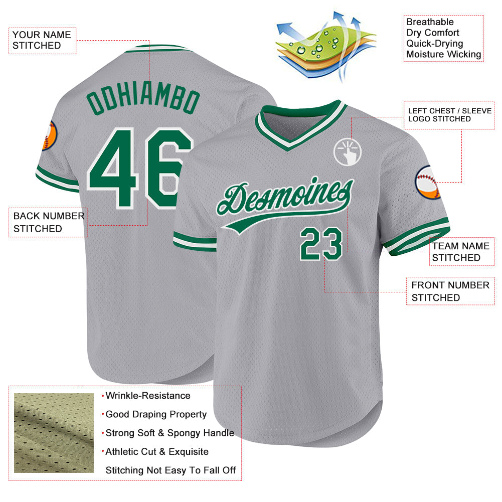Custom Gray Kelly Green-White Authentic Throwback Baseball Jersey view 3