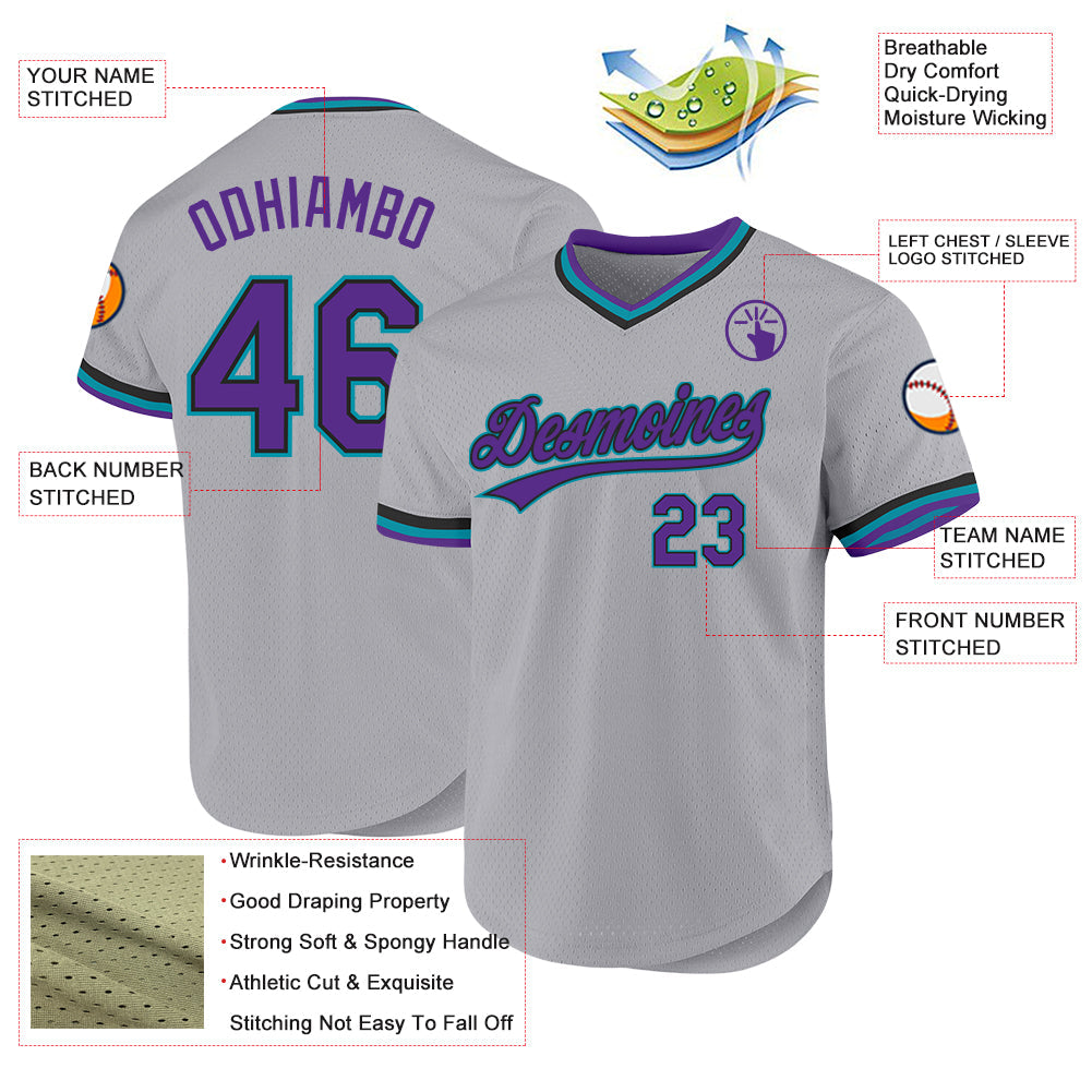 Custom Gray Purple Black-Teal Authentic Throwback Baseball Jersey view 3