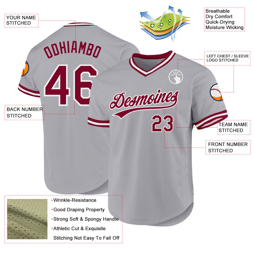 Custom Gray Maroon-White Authentic Throwback Baseball Jersey view 3