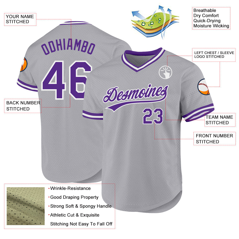 Custom Gray Purple-White Authentic Throwback Baseball Jersey view 3