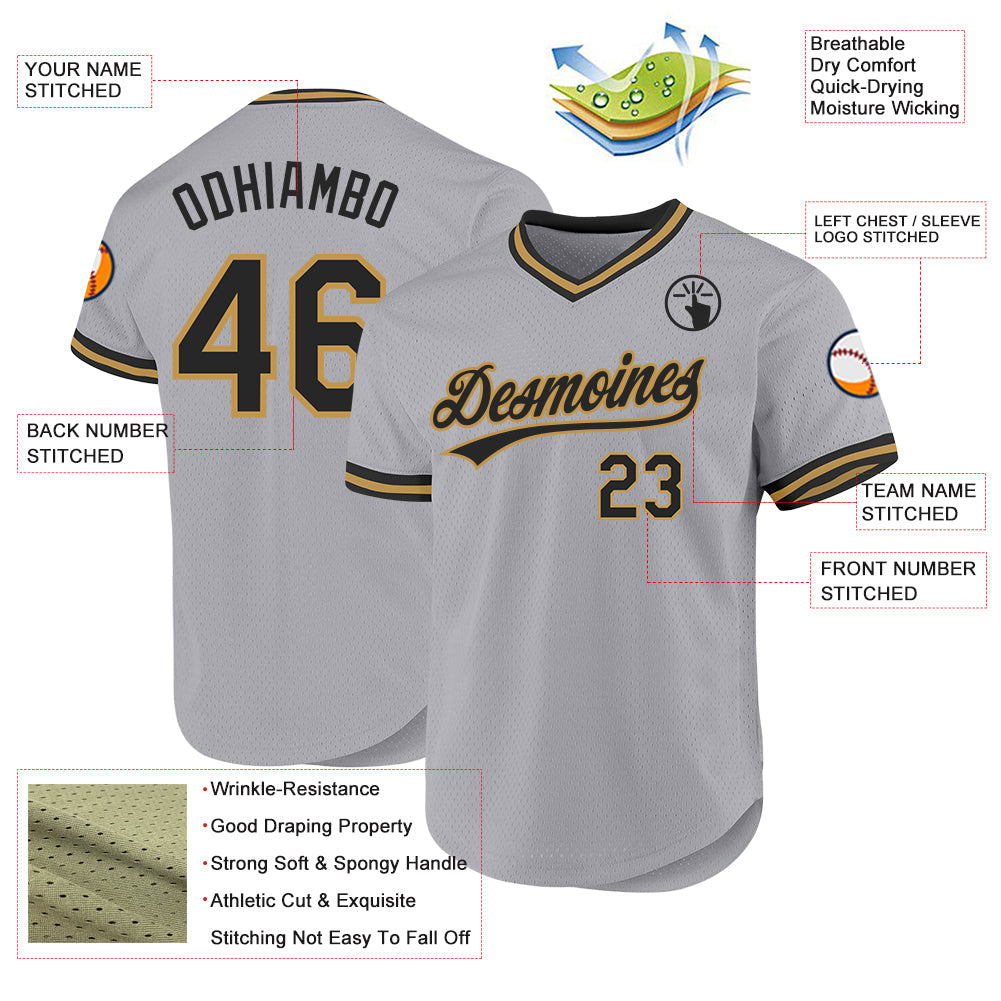Custom Gray Black-Old Gold Authentic Throwback Baseball Jersey view 3