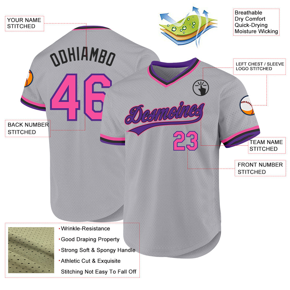 Custom Gray Pink Purple-Black Authentic Throwback Baseball Jersey view 3