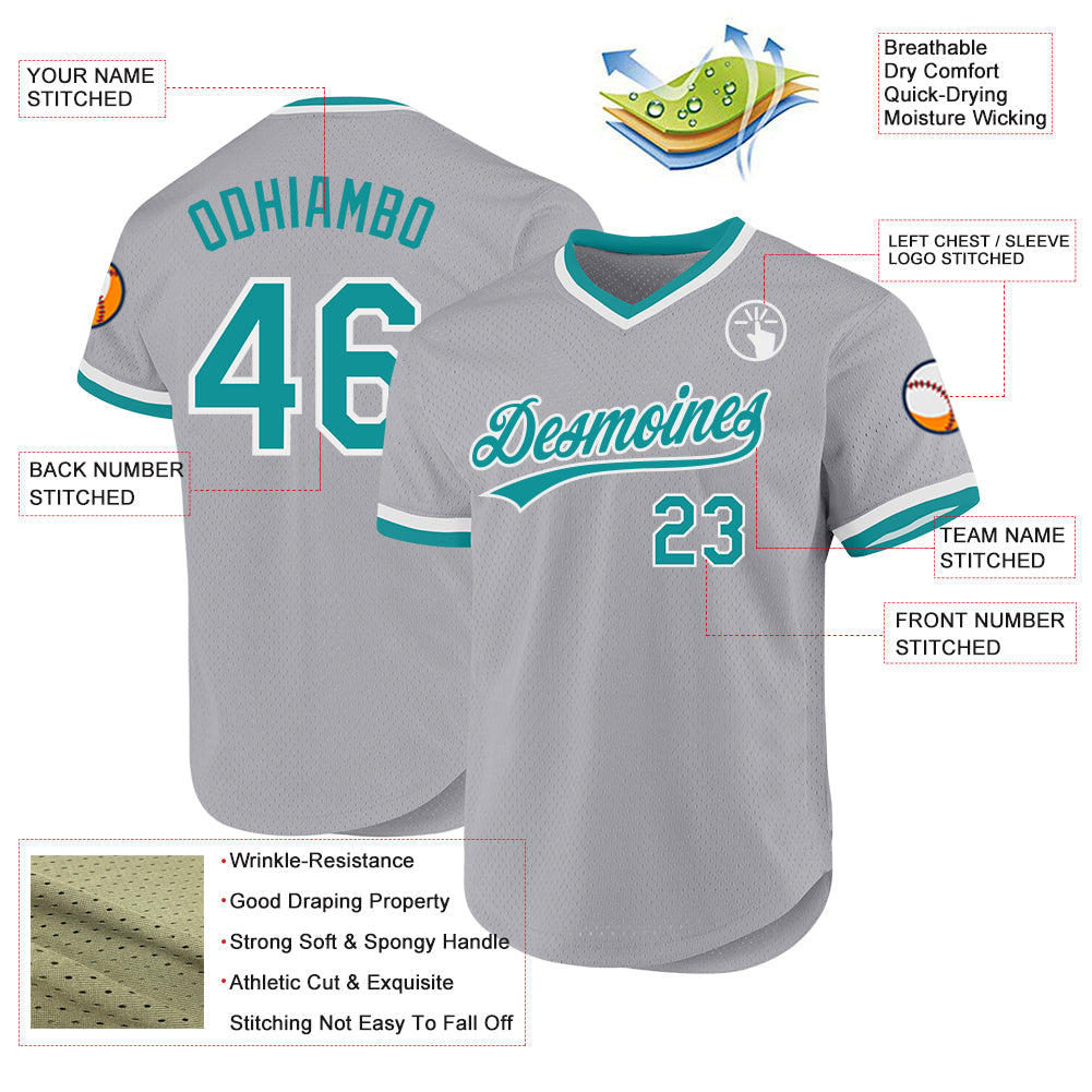 Custom Gray Teal-White Authentic Throwback Baseball Jersey view 3