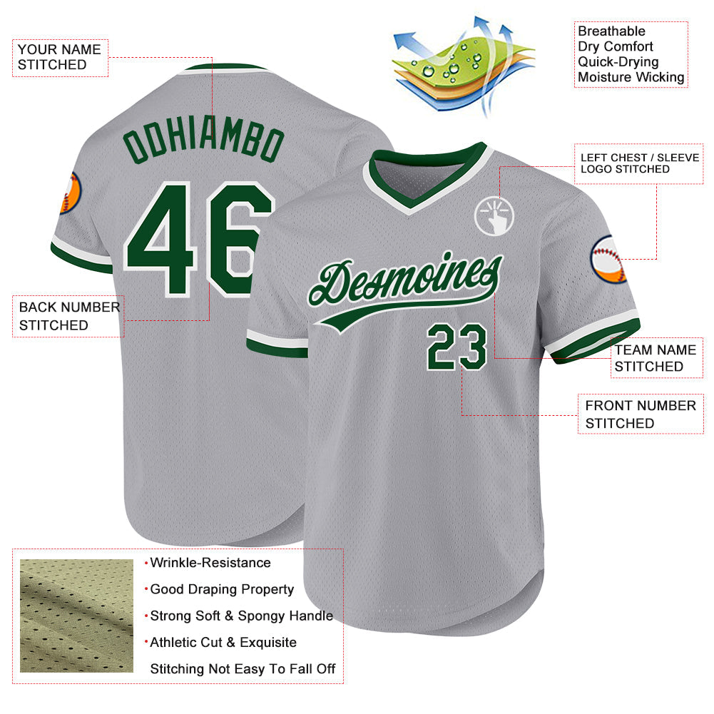 Custom Gray Green-White Authentic Throwback Baseball Jersey view 3