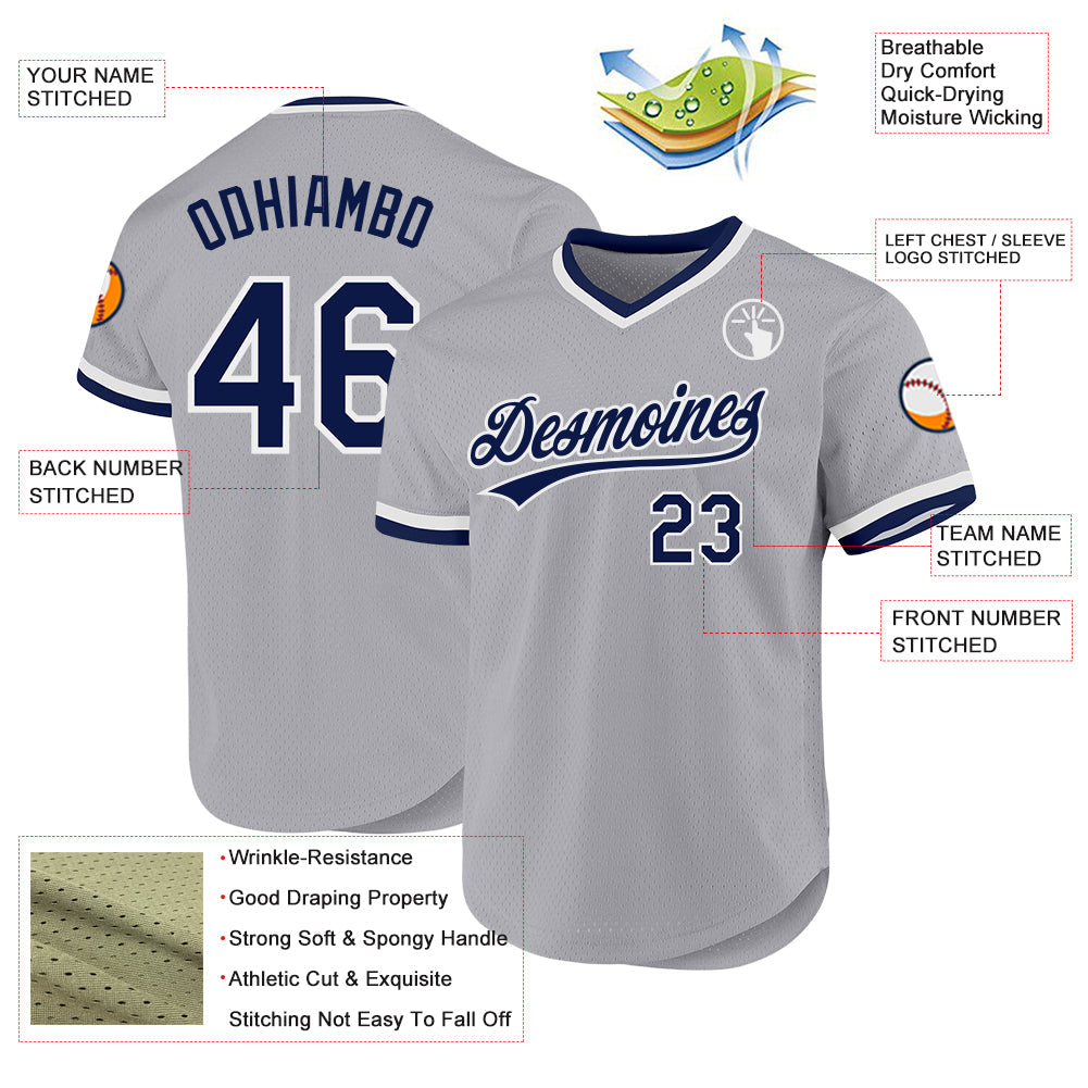 Custom Gray Navy-White Authentic Throwback Baseball Jersey view 3
