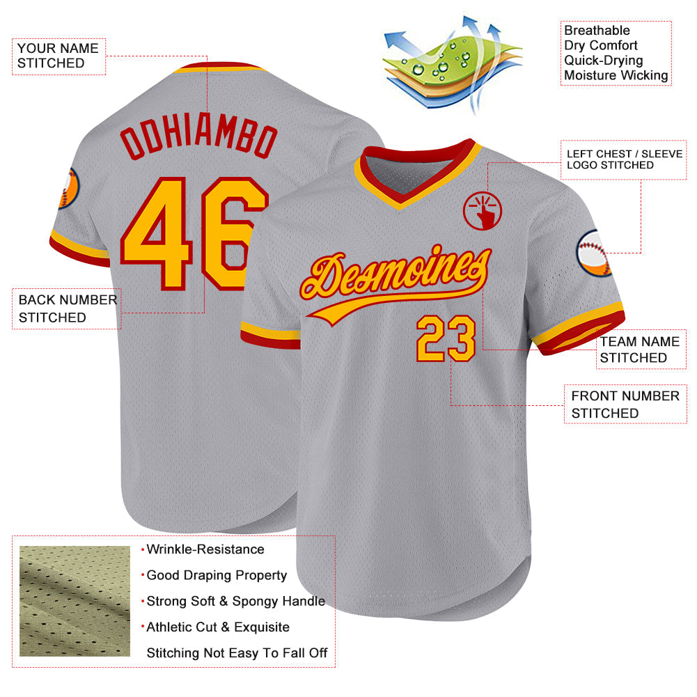 Custom Gray Gold-Red Authentic Throwback Baseball Jersey view 3