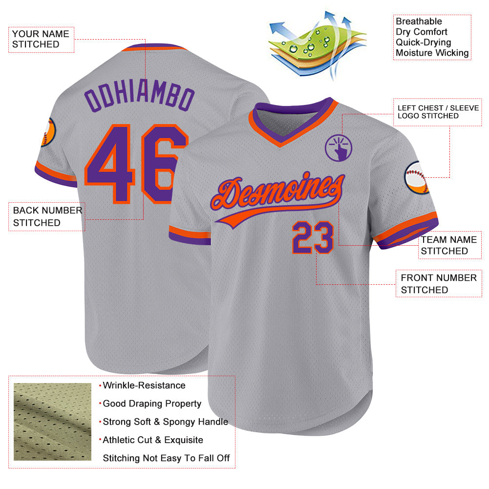 Custom Gray Purple-Orange Authentic Throwback Baseball Jersey view 3