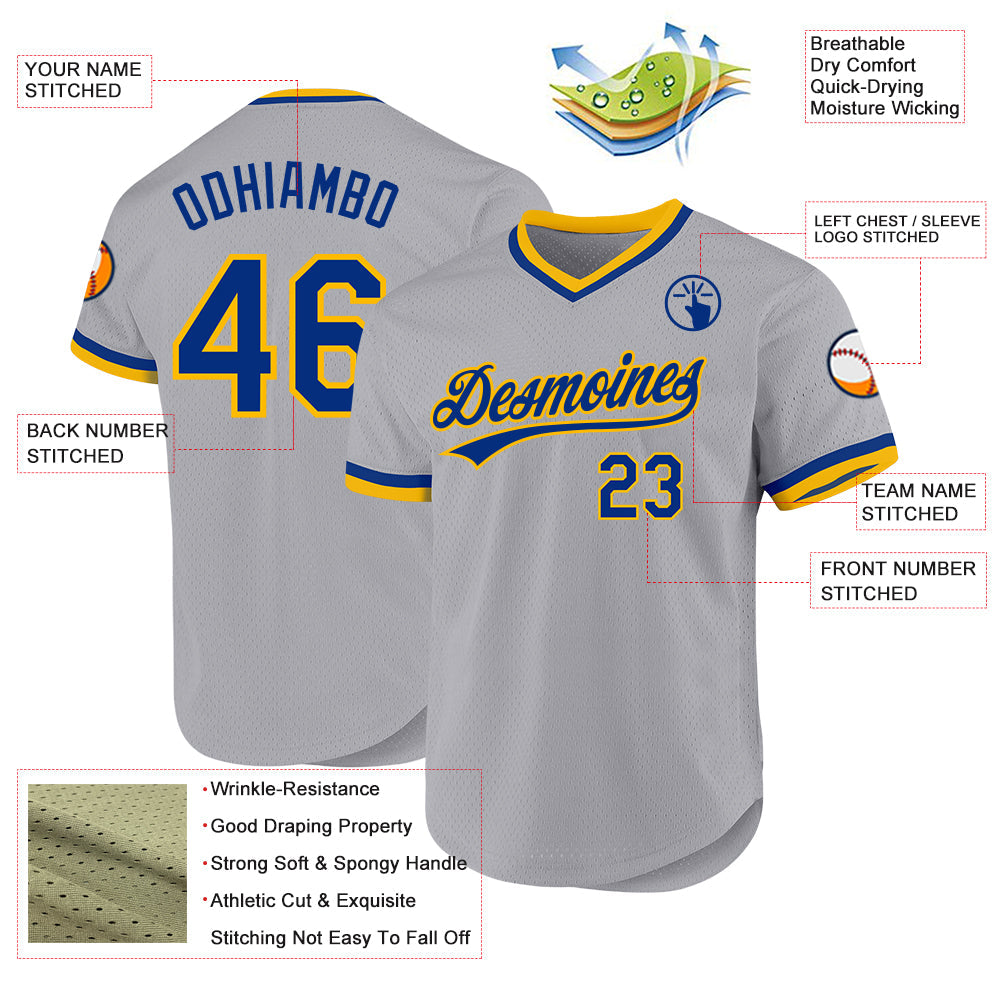 Custom Gray Royal-Gold Authentic Throwback Baseball Jersey view 3