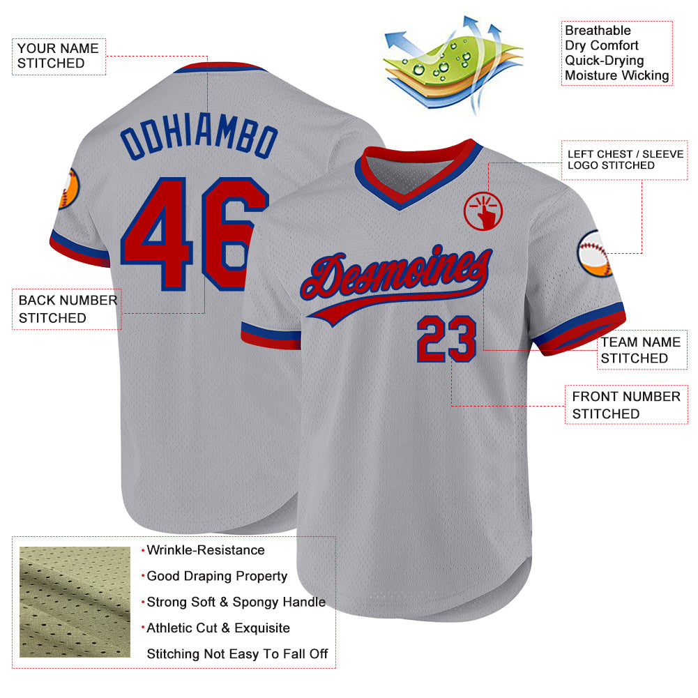 Custom Gray Red-Royal Authentic Throwback Baseball Jersey view 3