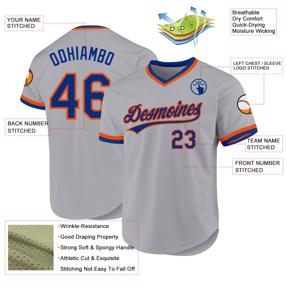 Custom Gray Royal-Orange Authentic Throwback Baseball Jersey view 3